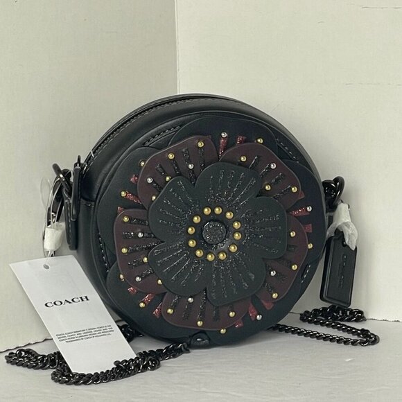 Coach Tea Rose Crossbody CE782 Small Round Leather Chain Shoulder Strap Floral - Picture 3 of 14